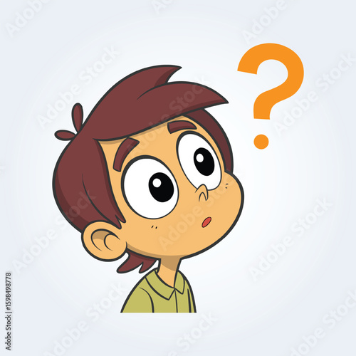 An illustration of a boy's confused face wearing a green shirt with open eyes