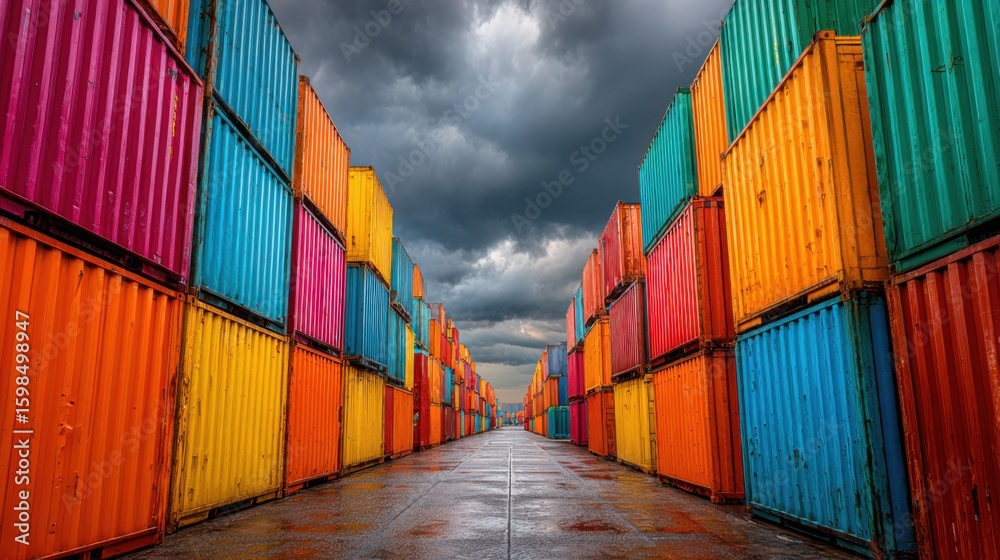 Fototapeta premium Rows of brightly colored shipping containers create a striking pattern against a backdrop of dark, stormy clouds. The scene is set in a busy industrial area where these containers are a common sight.