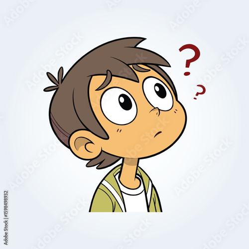 An illustration of a boy's confused face wearing a green shirt
