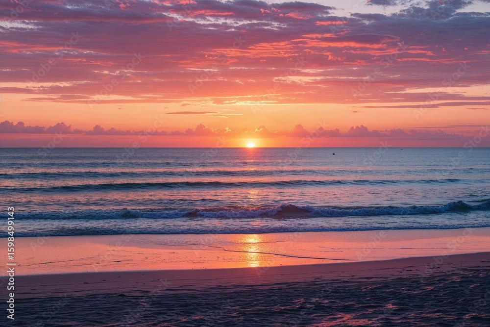Obraz premium Tranquil Beach Sunset Over Lively Ocean Horizon