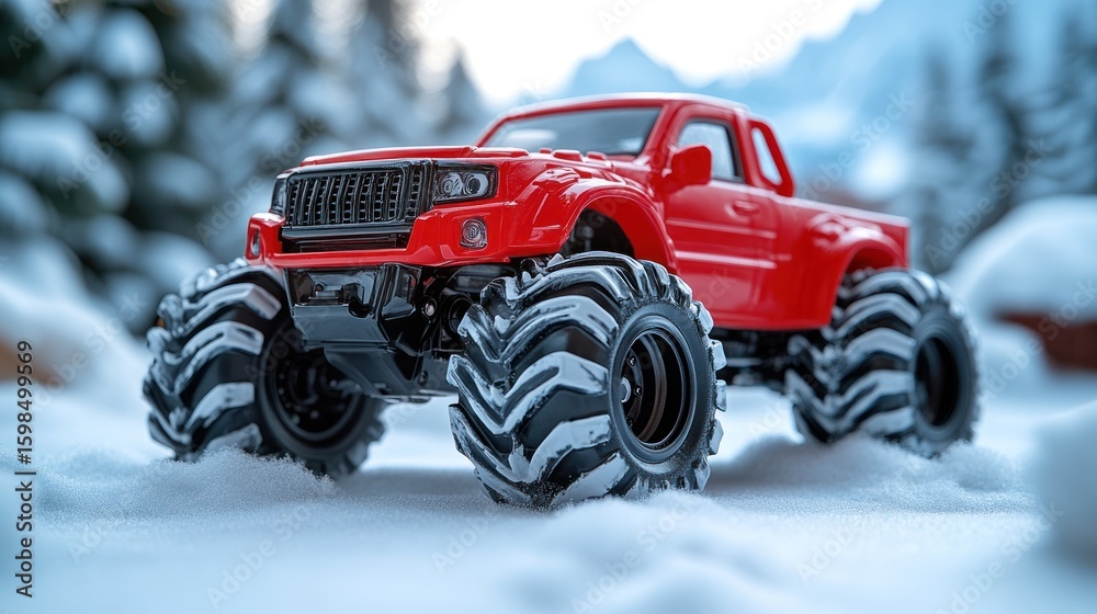 Naklejka premium Red truck toy, large tires, snowy landscape