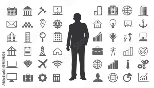Businessman Silhouette with Corporate & Finance Glyph Icon Set