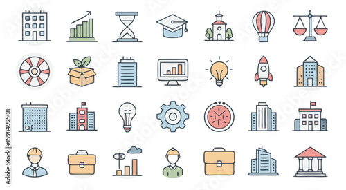 Business Growth & Startup Vector Icon Set - Finance and Education Symbols