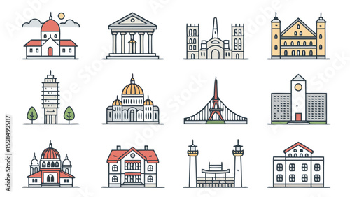 World Travel Landmarks & Architecture Vector Icon Set