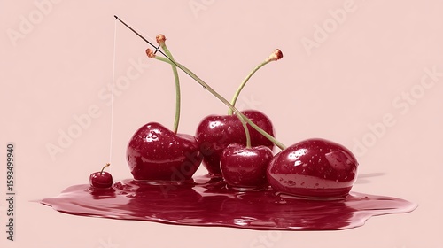 Cherries in a pool of juice with a fishing rod on a pink background for a sweet summer concept