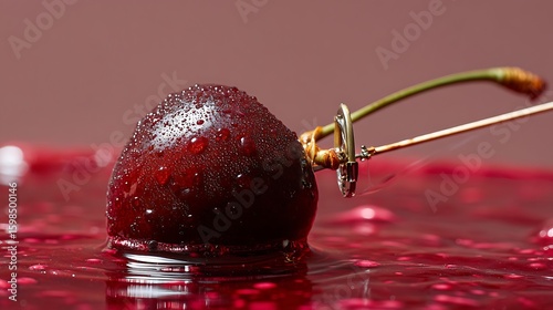 Close up of a single cherry submerged in a red, viscous liquid with water droplets on the surface