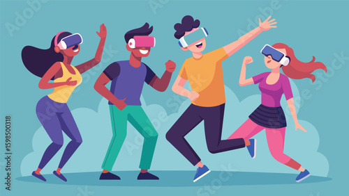 A group of friends laughing and sweating as they take turns competing in a virtual dance battle on a VR fitness app.. Vector illustration