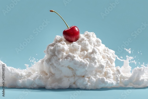 Bright red cherry sits atop a cloud of whipped cream with splashing milk on a blue background