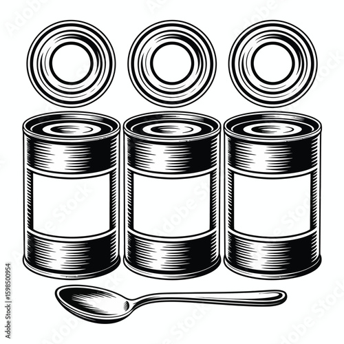 Three canned goods with a spoon in a vintage sketch style