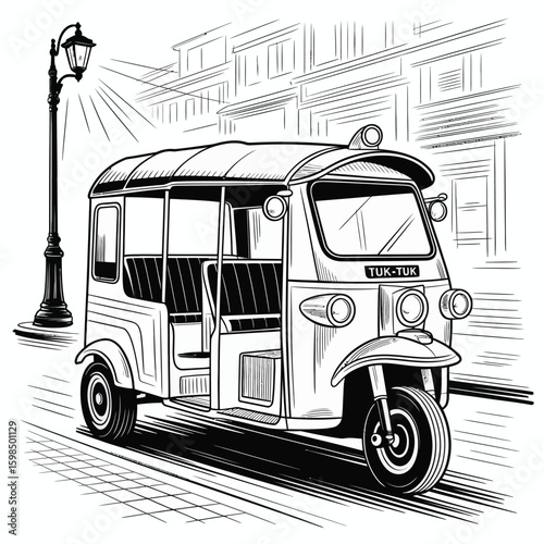 Sketch of a tuk tuk on a city street with a lamppost