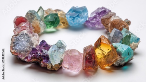 A variety of natural crystals in different shapes and colors are arranged in a circular formation. Each crystal reflects light uniquely, showcasing their beauty and diversity.