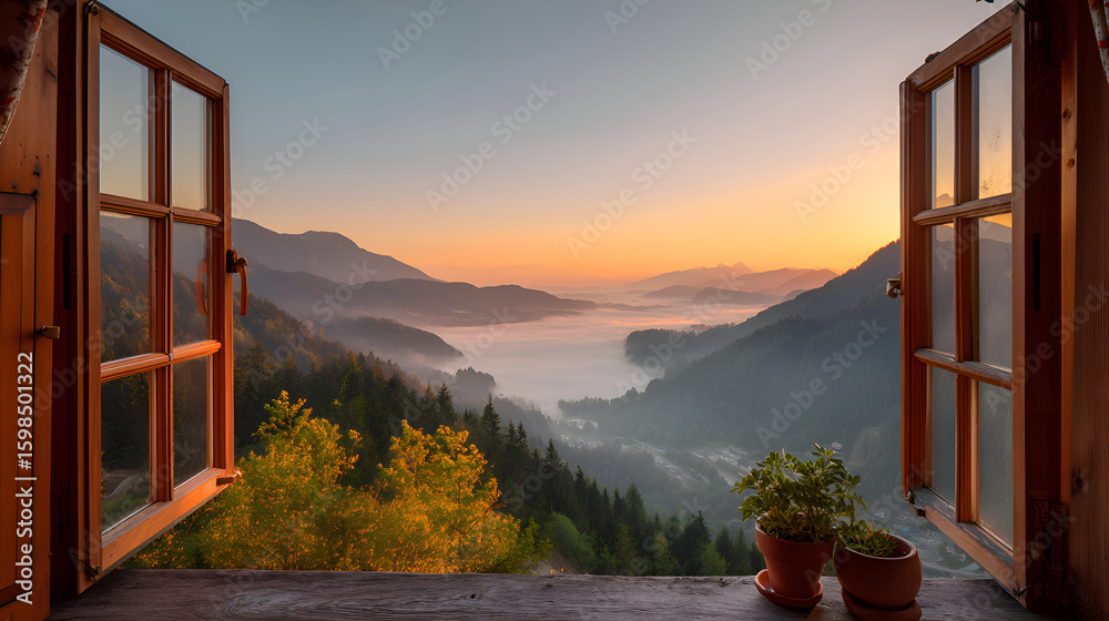 Fototapeta premium Open window overlooking stunning mountain valley sunrise with fog