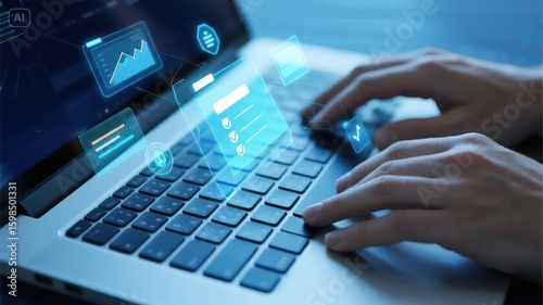 A close-up of a person typing on a laptop keyboard with futuristic digital data files and charts floating above the screen.  Concept of digital transformation, cloud computing, and data management.