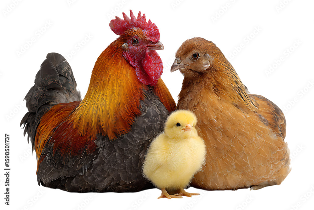 Fototapeta premium Rooster, hen, and chick together.