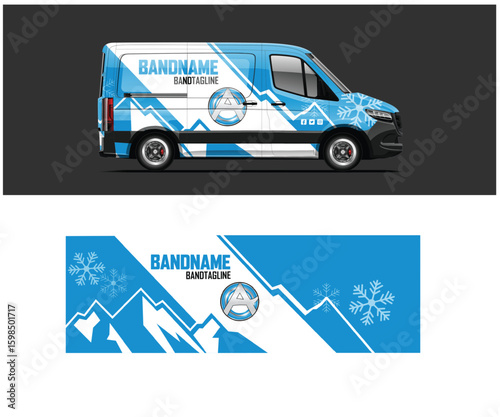 Blue and White Van Wrap Design with Winter and Mountain Theme