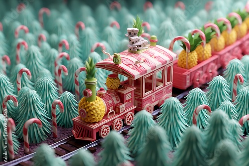 Holiday train with pineapple cargo travels through whimsical candy cane forest landscape