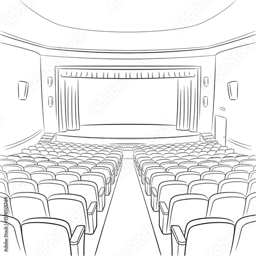 Empty theater auditorium with stage and rows of seats
