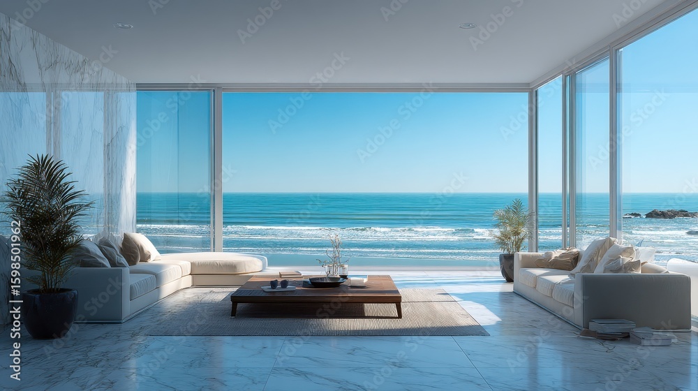 Fototapeta premium Modern beachfront living room with ocean view.
