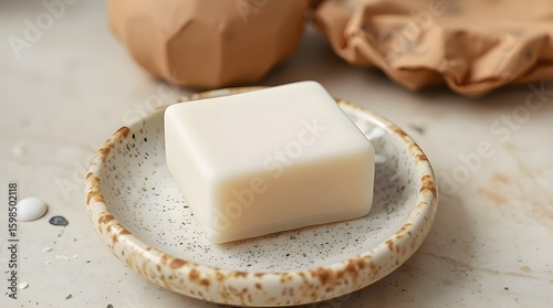 Photograph of an off-white square soap on a speckled ceramic dish. Natural earth tones, browns, and beiges create a muted color palette 