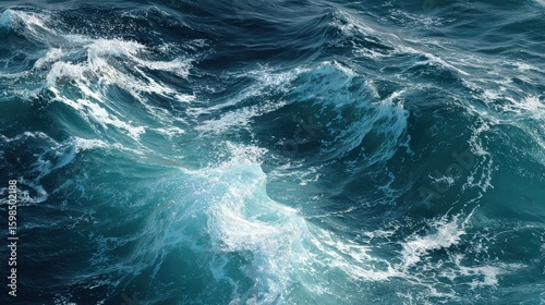 Turbulent ocean waves. Deep blue water surface with foamy white crests. Strong movement and texture