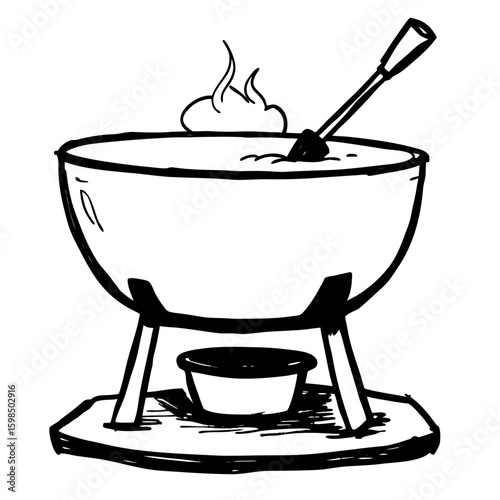 Cheese fondue in a pot with spoon on table for dining  