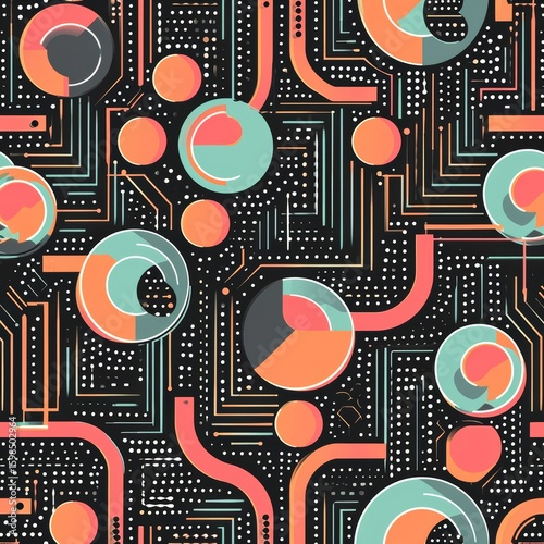 Seamless pattern of abstract circuits and polka dots with orange, teal, and grey circles