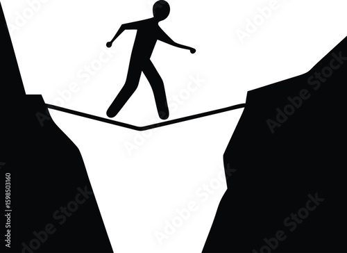 Silhouette of a person walking on a tightrope between two cliffs isolated on transparent background
