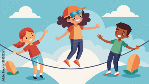 A group of children wear big grins as they take turns balancing on a virtual tightrope carefully placing one foot in front of the other in a VR circus. Vector illustration
