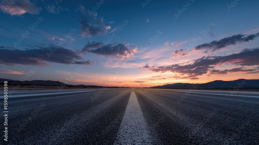 Naklejka premium Evening light, a flat, large asphalt road stunning sky at twilight. High quality photo