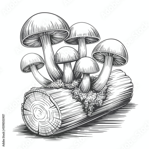 Detailed sketch of mushrooms growing on a log