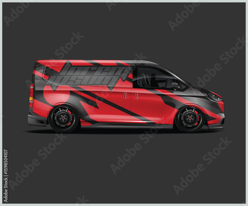 Sleek Red and Black Van with Custom Graphics on a Dark Background