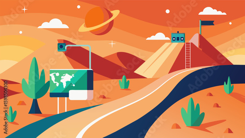 A journey through a virtual desert raising awareness about the effects of climate change and the importance of sustainability.. Vector illustration