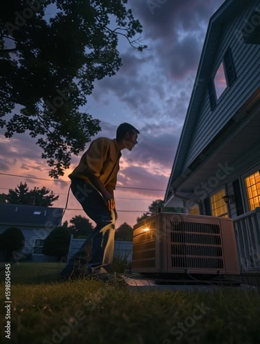 HVAC repair man service- 24 hour repair service for air conditioner, condenser - a man works on a heating and air system at night , after hours house call. 