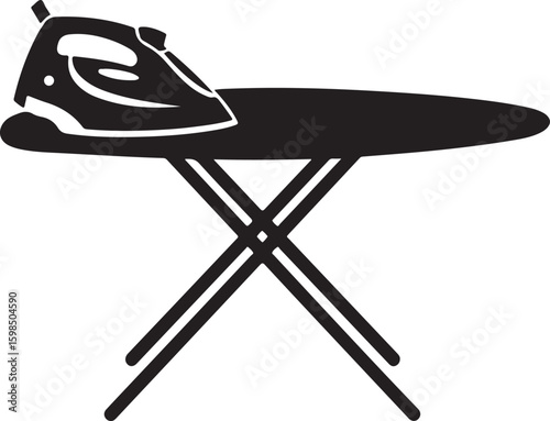 An electric iron rests on an ironing board in a simple black silhouette