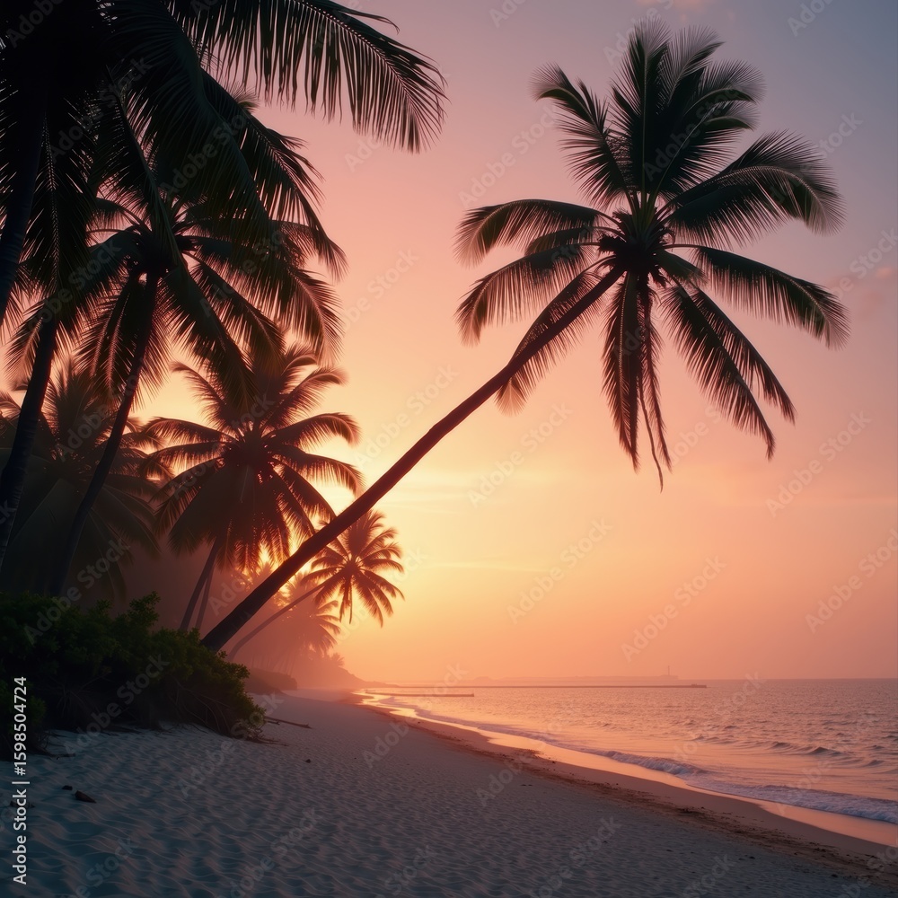 Fototapeta premium Sunset Beach Scene with Palm Trees and Retro Color Tones