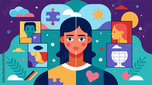 A mixed media collage showcasing a persons journey of selfdiscovery and embracing all parts of themselves including the messy and imperfect ones.. Vector illustration