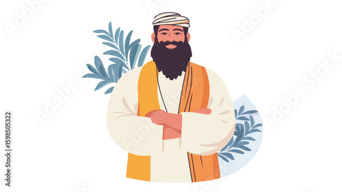 Bearded Man in Traditional Attire Simple Flashing Pose Vector Illustration