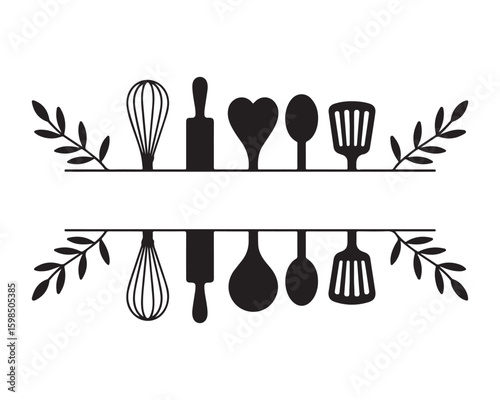 Black and white kitchen utensils and floral elements vector illustration