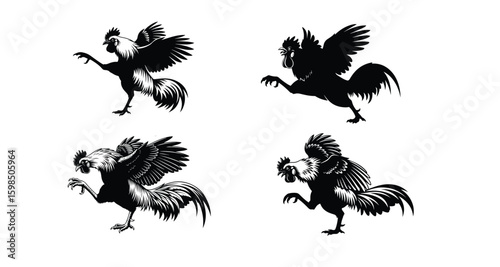 Four black and white rooster illustrations with wings spread in various dynamic poses on white background