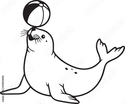 Simple vector-style drawing of a cheerful seal playing with a ball on its nose, clean outlines on white background,