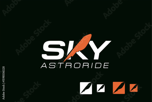 Modern and dynamic 'Sky Astroride' logo design and business name idea with abstract bird motif and variations for branding