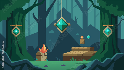 A cursed forest guards a precious treasure that can only be unlocked through a series of physically demanding VR challenges including balancing on. Vector illustration