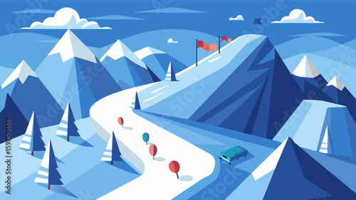 A course set in a virtual snowy mountain range with steep slopes and avalanches to avoid.. Vector illustration