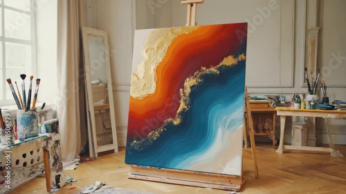 An abstract painting with vibrant colors of orange, blue, and gold displayed on an easel in a bright art studio. Brushes and paint supplies are scattered around.