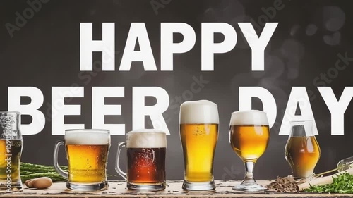 Various beer glasses filled with different types of beer on a wooden table. The background features a dark wall with the text 'Happy Beer Day'.
