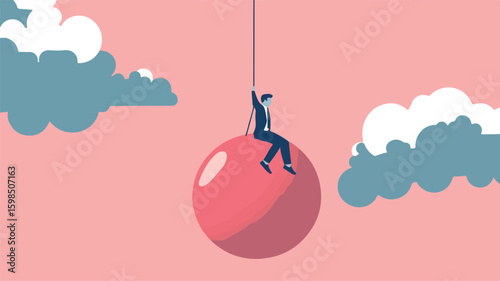 Creative Businessman Flying in Search of Ideas Hanging On