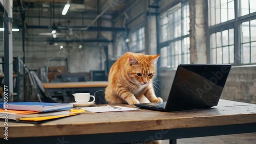 An orange tabby cat sits at a desk, typing on a laptop. The workspace features a coffee cup and scattered papers in a modern office environment.