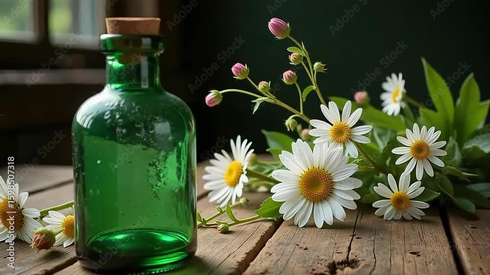 Still life of a green bottle with cork stopper and daisies on a wooden surface indoors