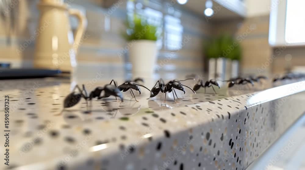 Ants crawl across the kitchen counter. A close up view of insects in a modern kitchen - ant colony in house interior, countertop with bugs and ants, tracking shot