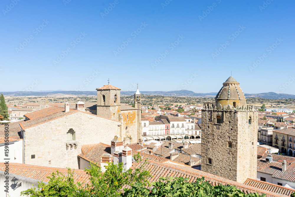 Naklejka premium Historic architecture and panoramic view of Trujillo in Extremadura Spain on a clear day showcasing rooftops and towers